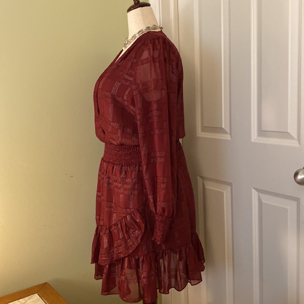 Michael Kors NWOT burgundy silver metallic ruffled long sleeve holiday dress - Picture 2 of 16